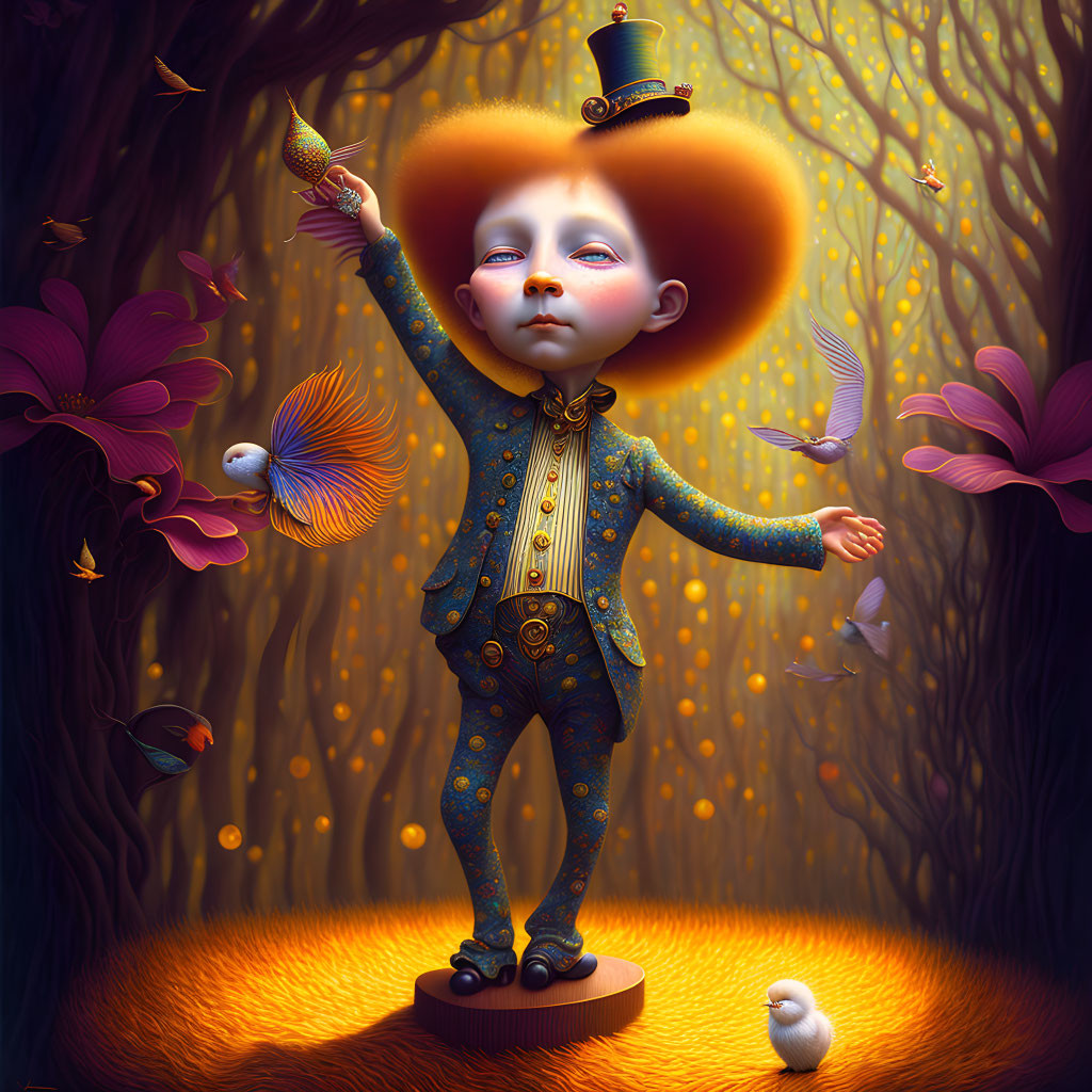 Child with oversized head and golden afro in enchanted forest with butterflies and birds