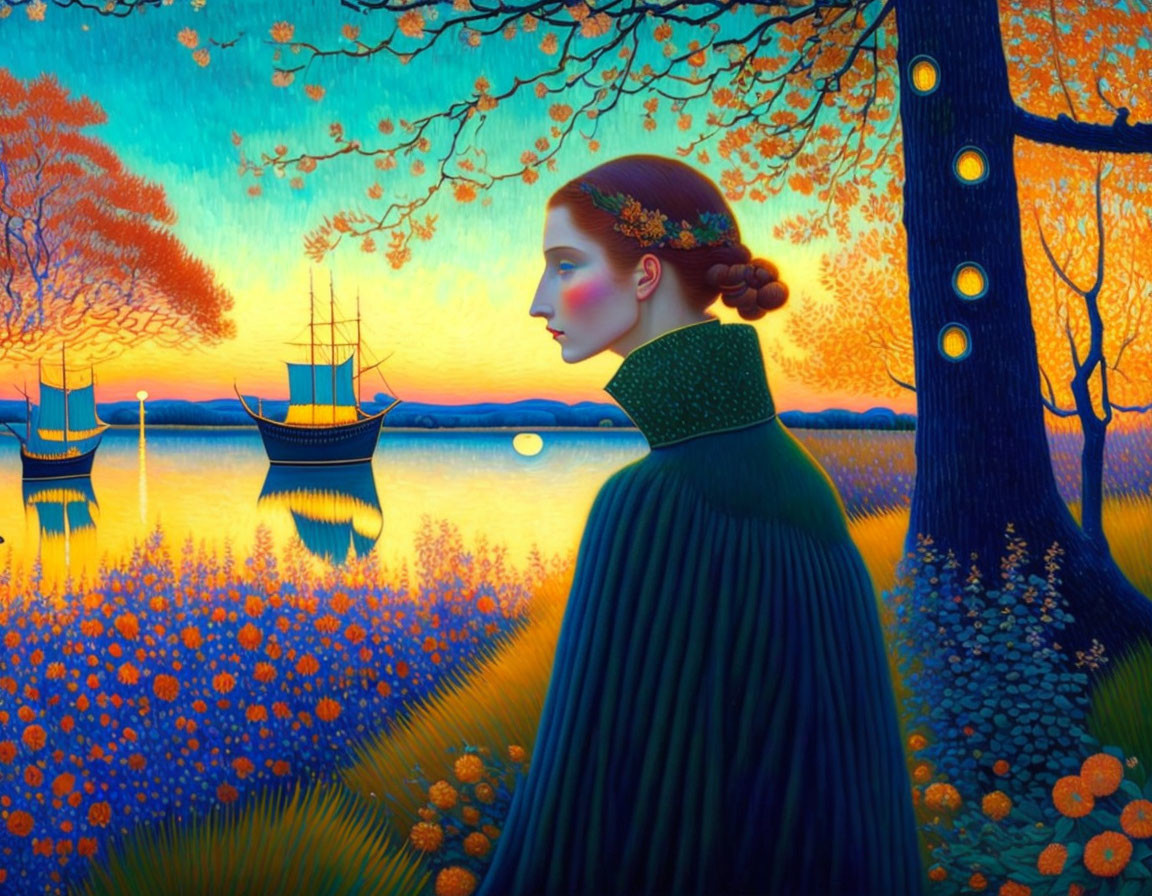 Surreal painting of serene woman in dreamlike landscape