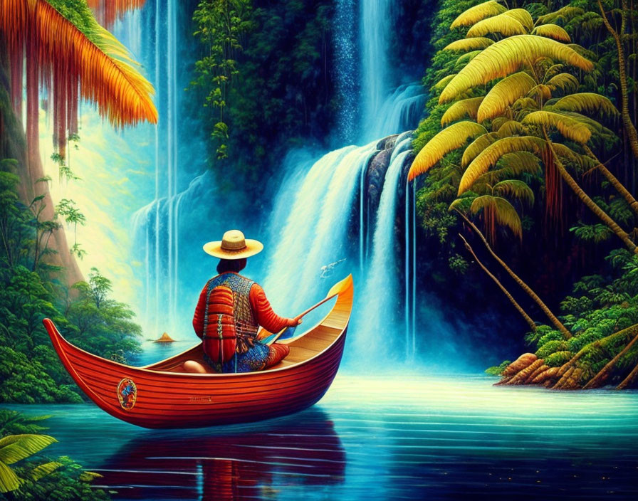 Person in traditional hat rows boat near lush tropical waterfalls