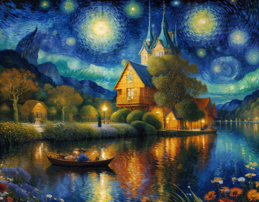 Vibrant Van Gogh-style painting: Starry night sky, waterfront house, boat, floral