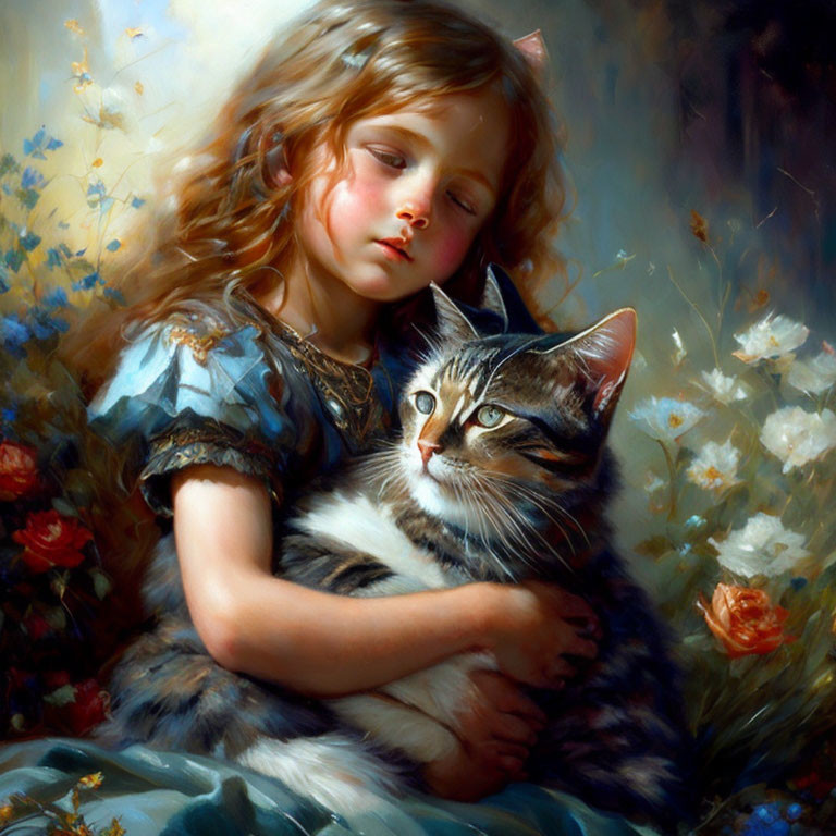 Young girl in blue dress embracing tabby cat among delicate flowers.