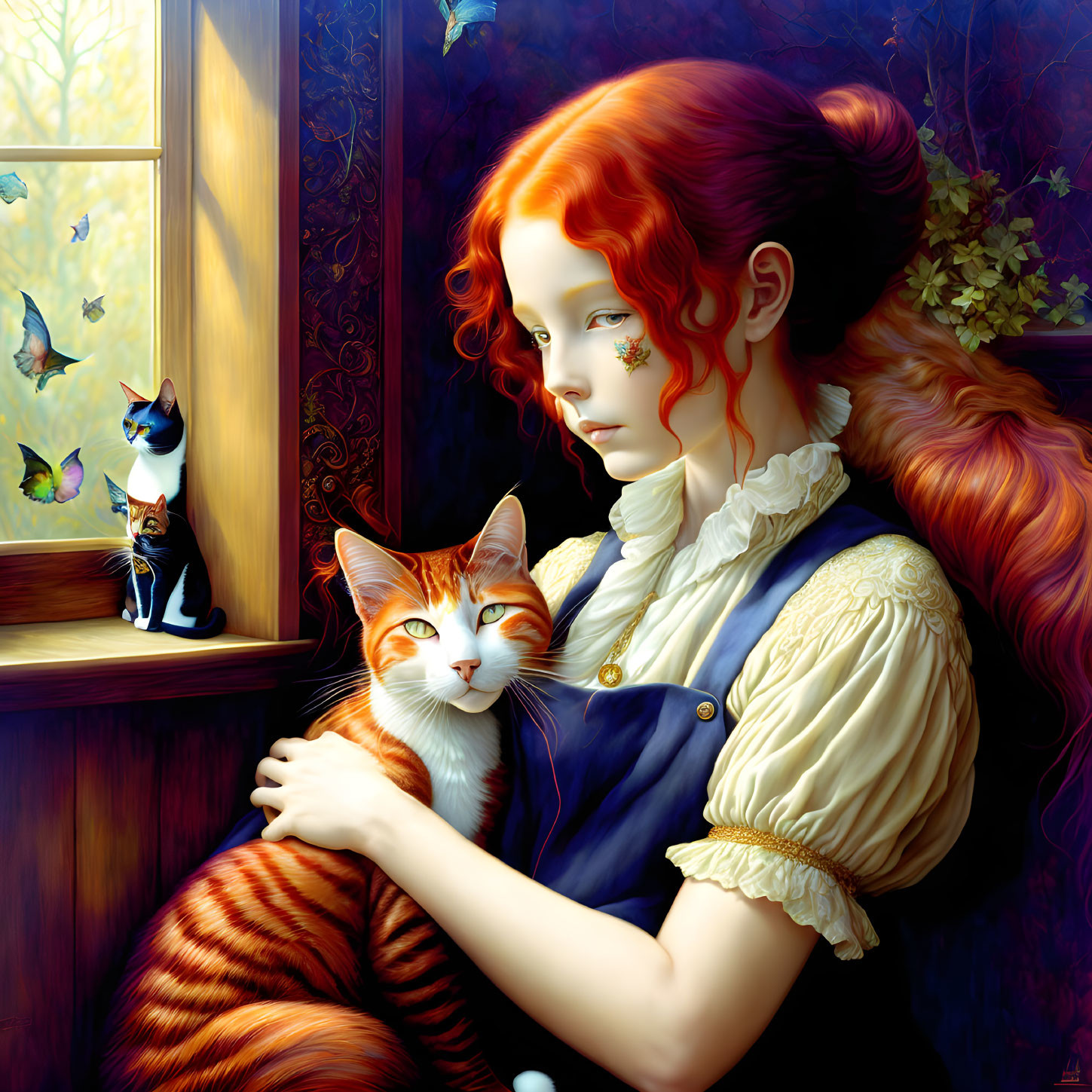 Red-haired girl with orange tabby cat and butterflies near window sill.