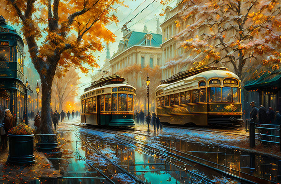 Autumnal cityscape with vintage trams, wet pavement, and pedestrians