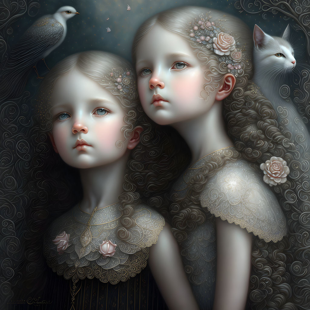 Digital Artwork: Ethereal Girls with Flowers, White Cat, and Bird