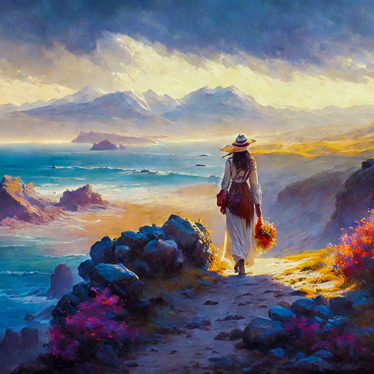 Person in straw hat walks coastal path overlooking vibrant seascape.