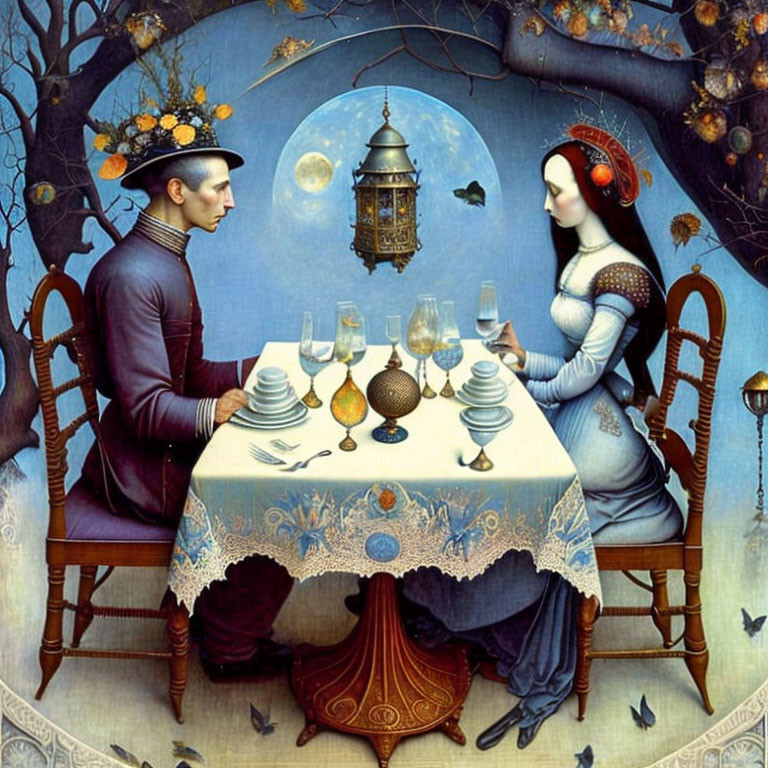 Renaissance man and woman at table under moonlit tree