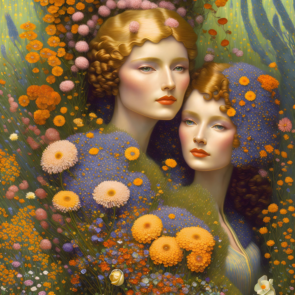 Vibrant floral illustration of two women with golden hair