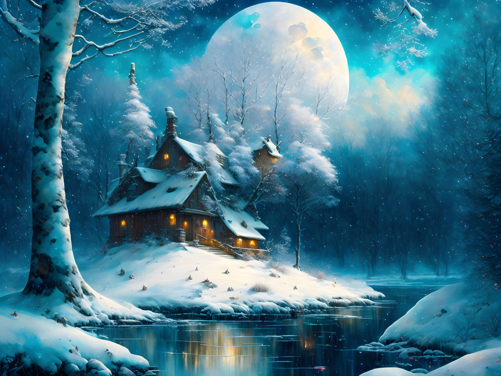 Snowy forest cabin under full moon by tranquil lake