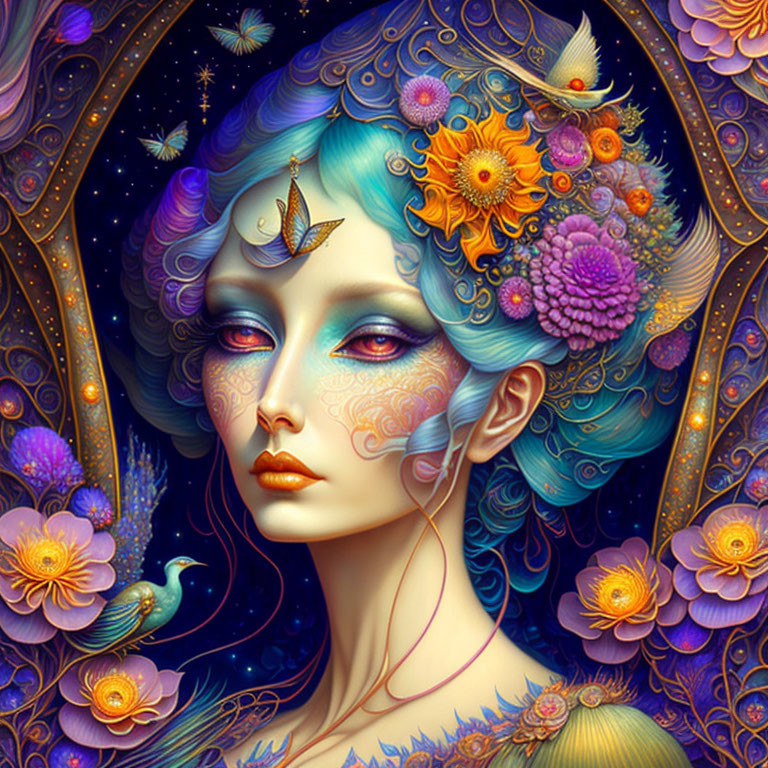 Blue-skinned woman surrounded by flowers, butterflies, peacock, cosmic background