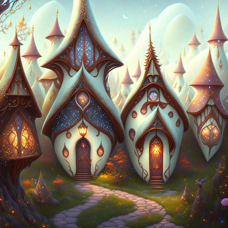 Fantasy village with mushroom-shaped houses and glowing lanterns