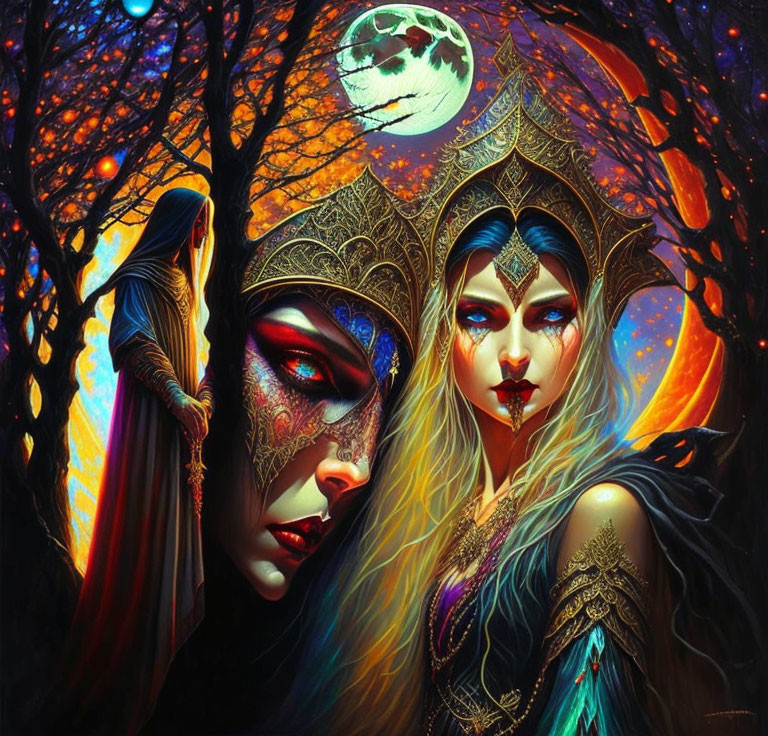 Regal figures with face paint in vibrant fantasy artwork