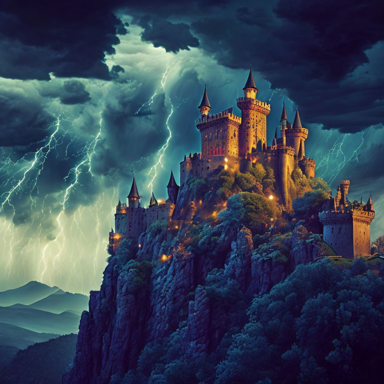 Majestic castle with spires on craggy hill under stormy sky