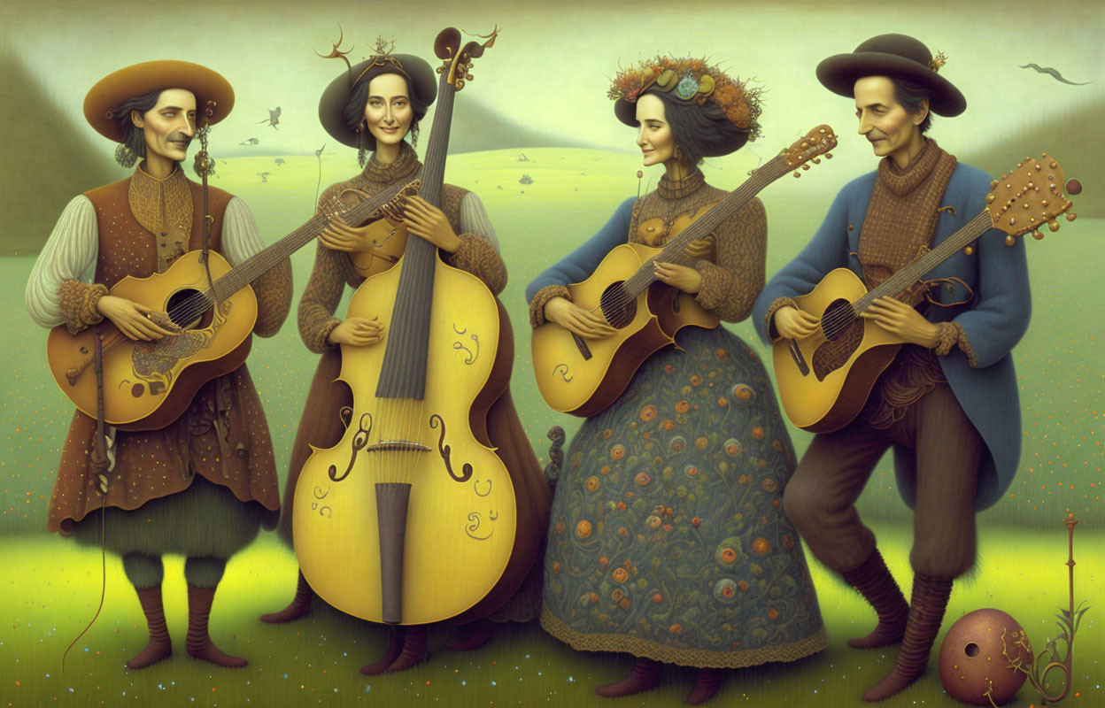 Stylized characters in vintage attire playing string instruments in whimsical field