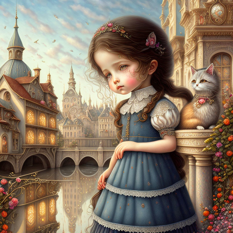 Young girl in blue dress with cat near fairytale buildings & water canal