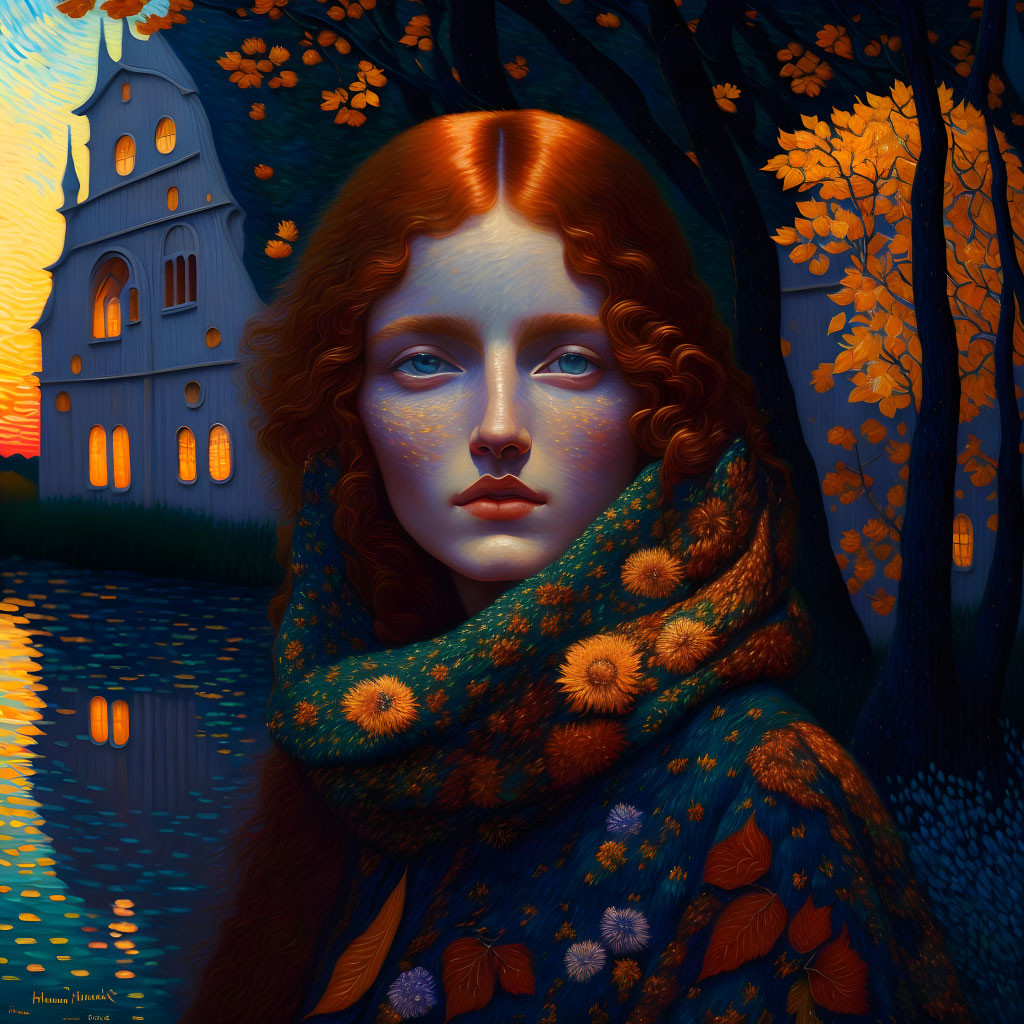 Illustrated portrait of woman with red hair and blue complexion in autumnal setting.