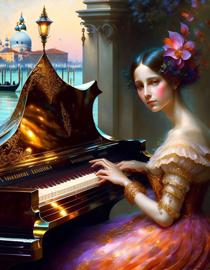 Elegant woman playing grand piano by river at dusk in flowery dress with Venice backdrop.