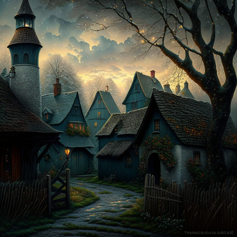 Charming village scene: cobblestone paths, thatched-roof cottages, tower, star