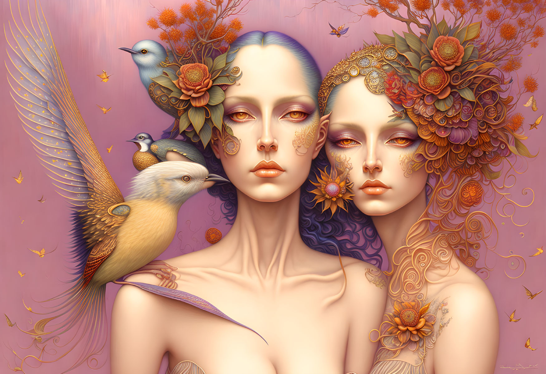 Stylized women with floral headpieces and birds on soft pink background