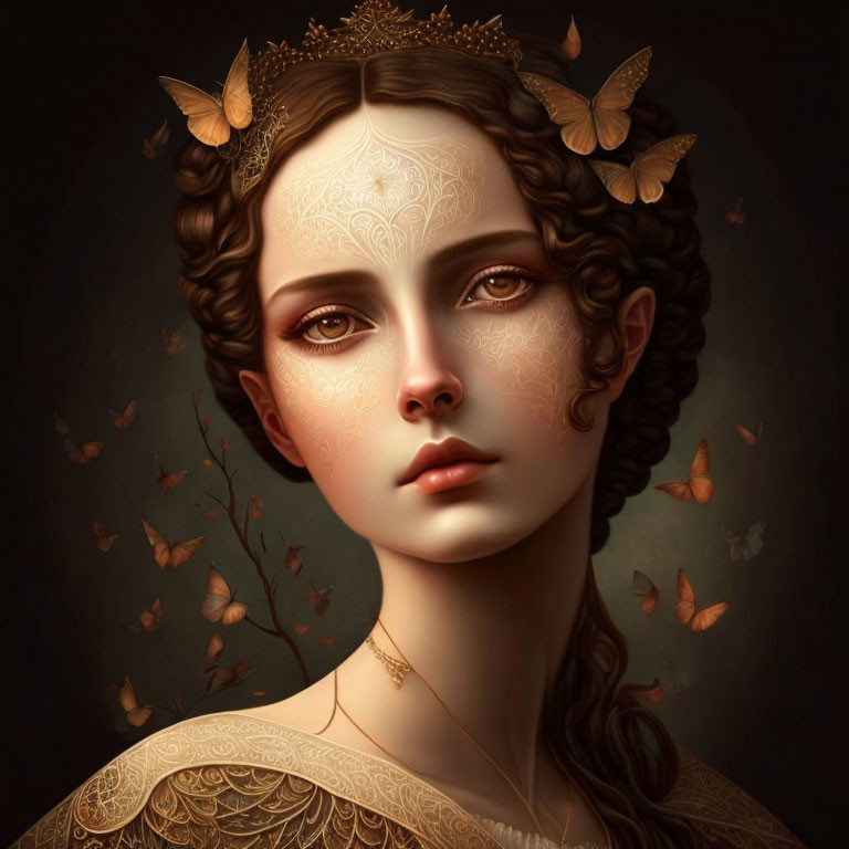 Illustrated portrait of woman with golden tiara, butterflies, lace patterns, and braided hair on