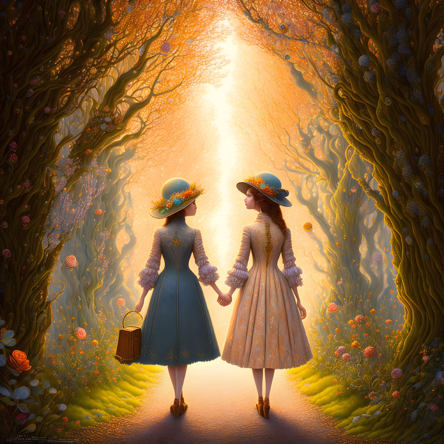 Two women in vintage dresses and hats walking hand in hand on a flower-lined path in an enchanted forest