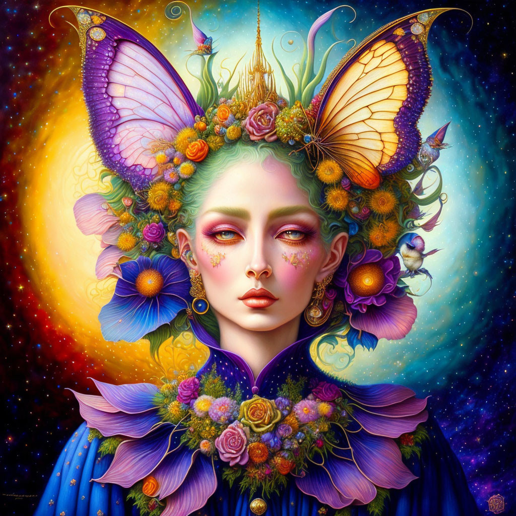 Digital portrait of a woman with butterfly wings and floral adornments in a cosmic setting