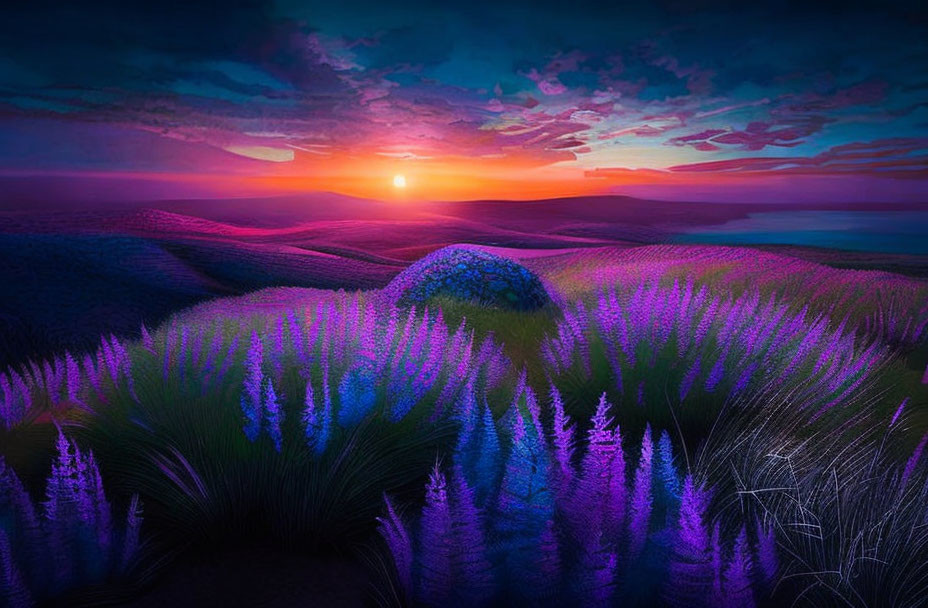 Vibrant lavender field at sunset with dramatic sky