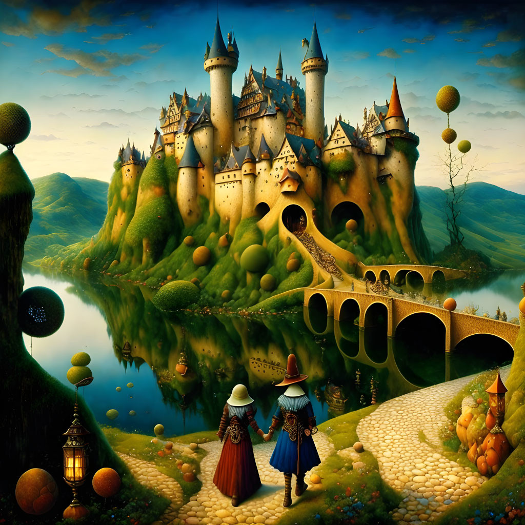 Whimsical painting of grand castle on island with floating trees, figures, cobblestone path,