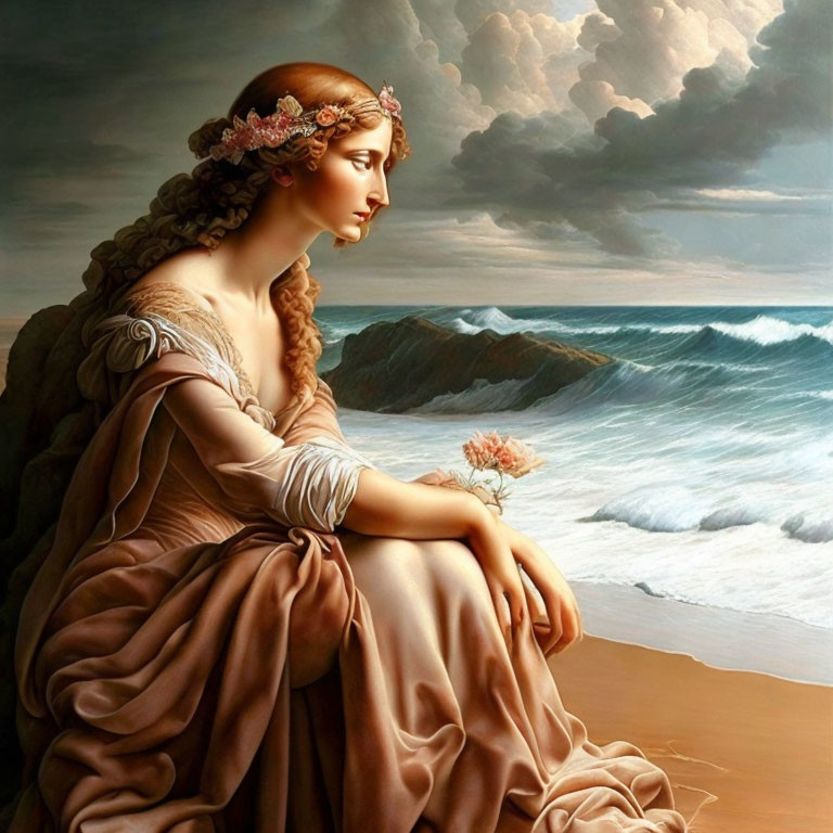 Woman in classical attire with flower crown gazes at turbulent sea