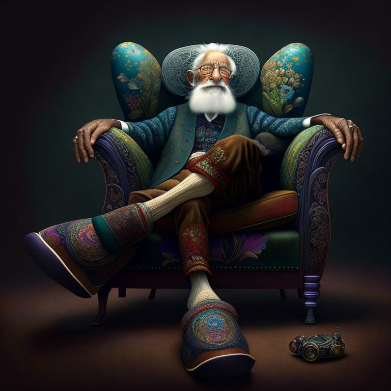 Elderly Man in Colorful Attire Sitting in Armchair