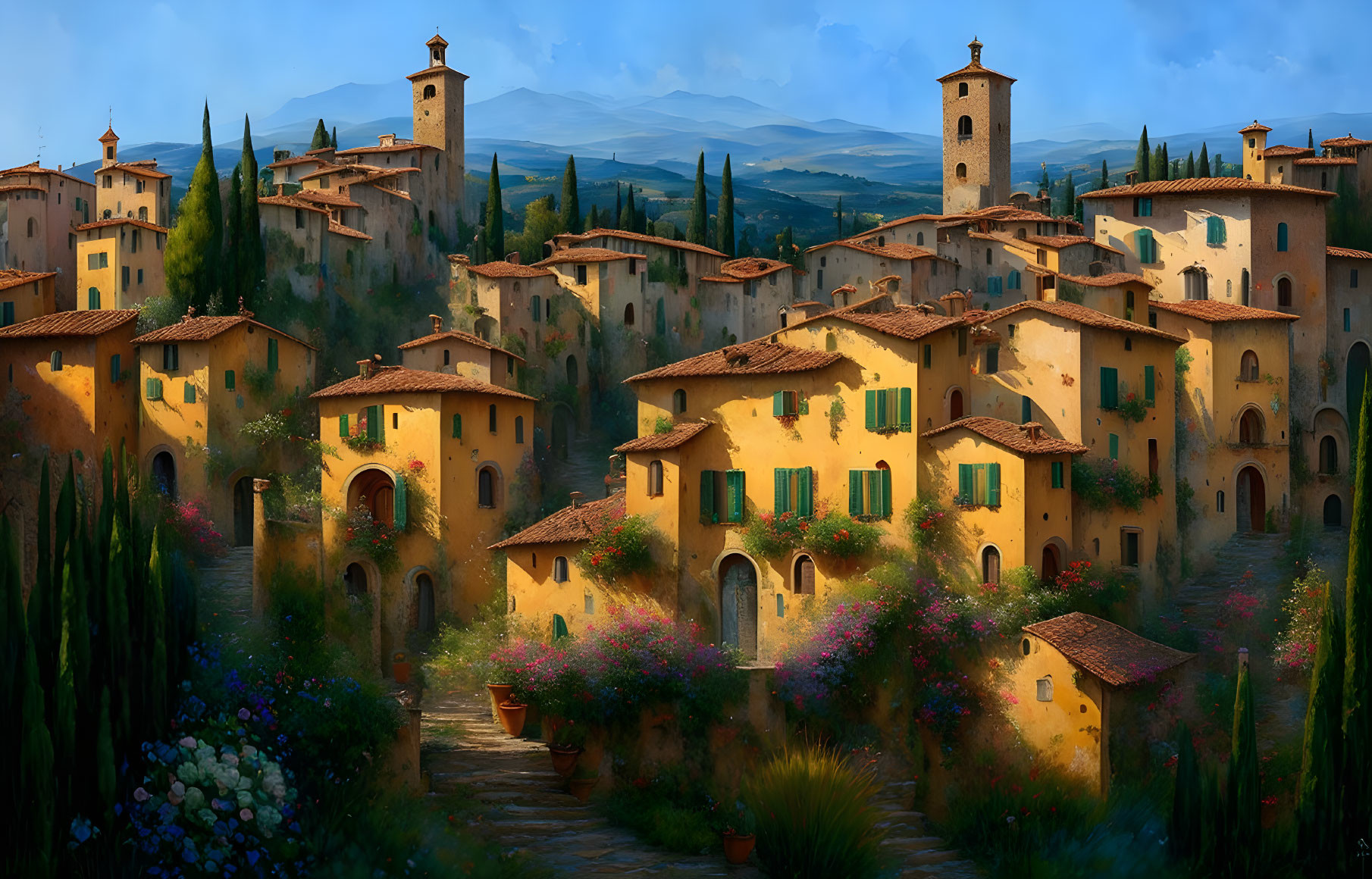 Picturesque European Village with Terracotta-Roofed Houses & Blooming Flowers