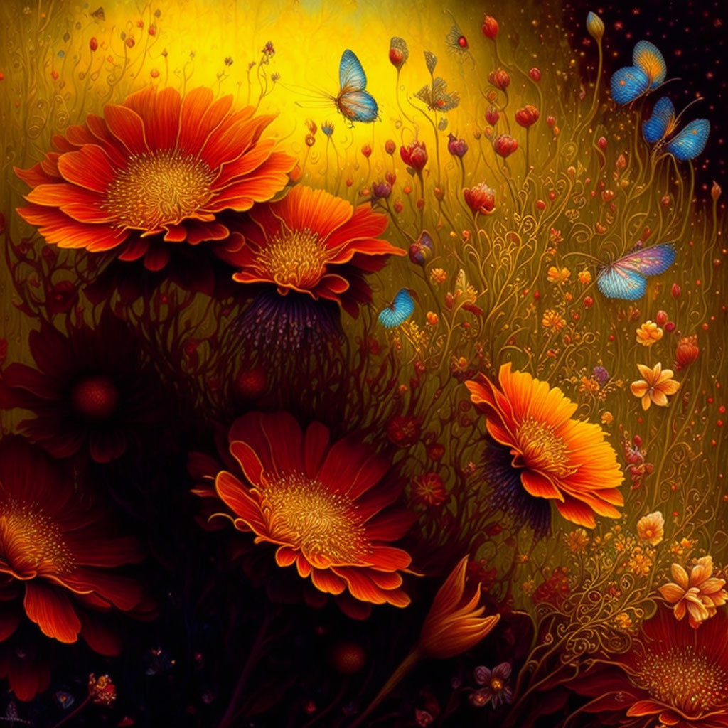 Colorful digital artwork: Red and orange flowers with butterflies on golden whimsical background