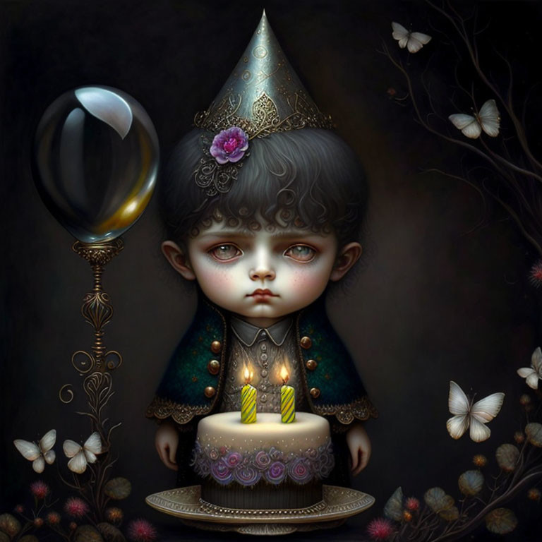 Surreal child in cone hat with butterflies around birthday cake