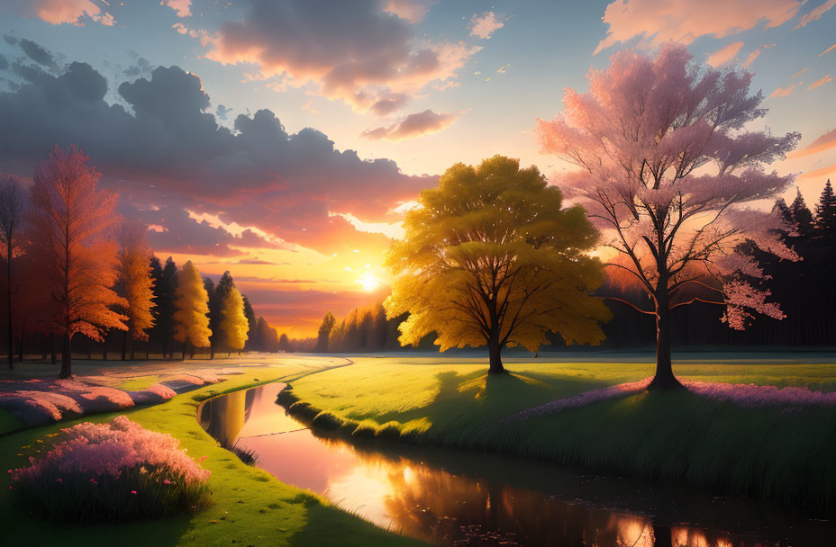 Colorful Trees and Meandering River in Serene Sunset Landscape