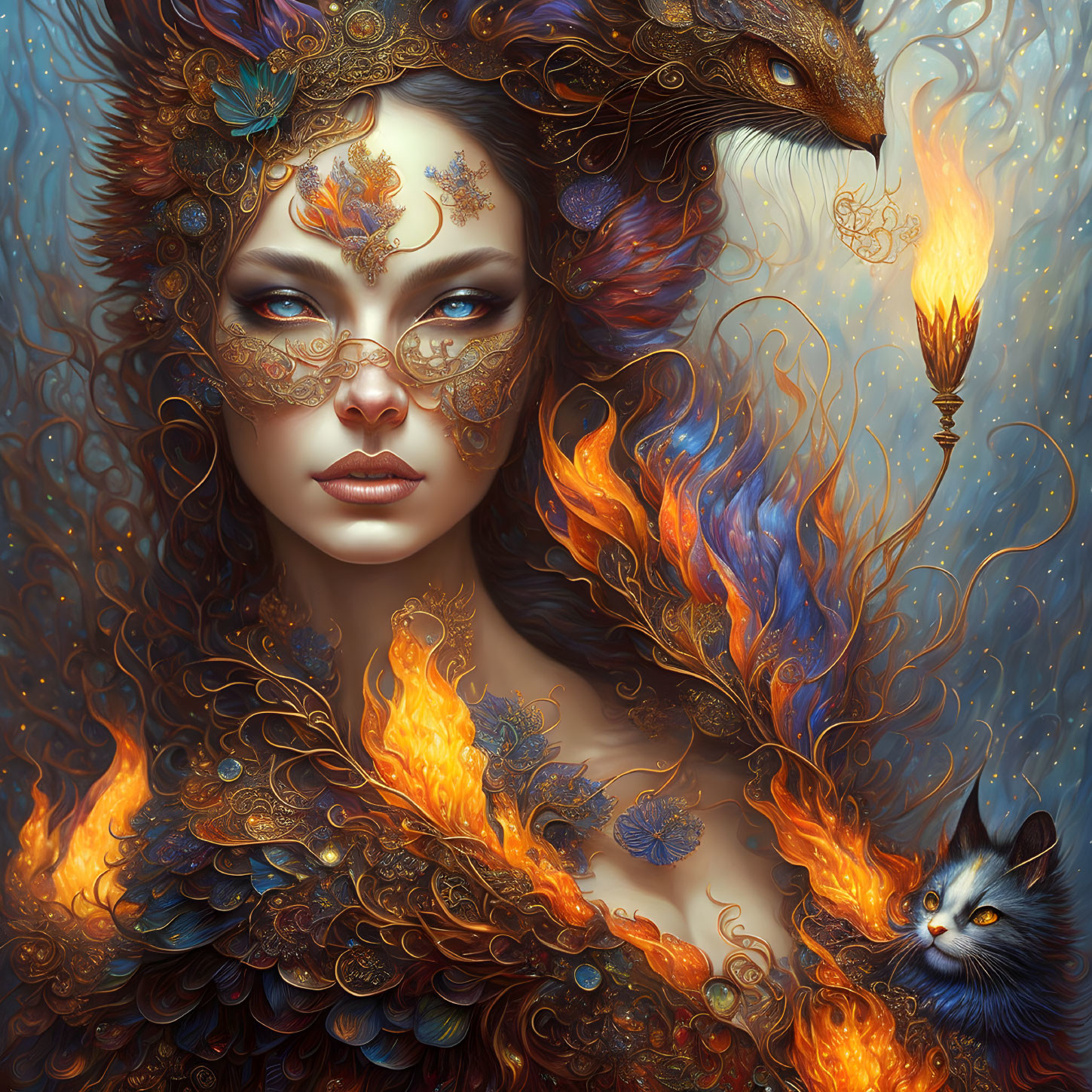 Mystical woman adorned with golden mask and fiery dragon hair.