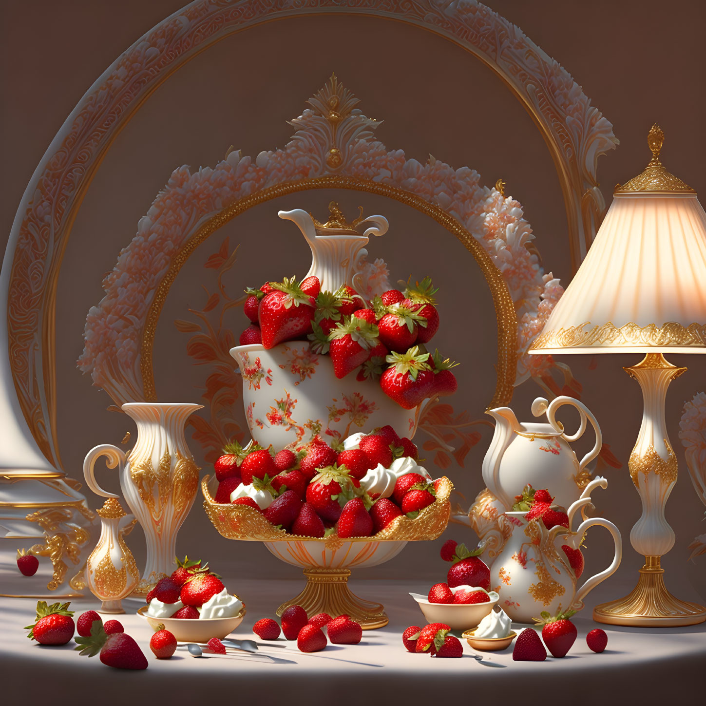 Luxurious Still Life with Porcelain Tea Set and Fresh Strawberries