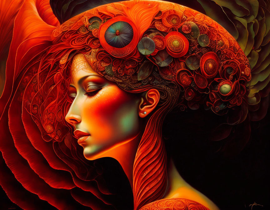 Vibrant red and orange surreal portrait of a woman with intricate hair patterns