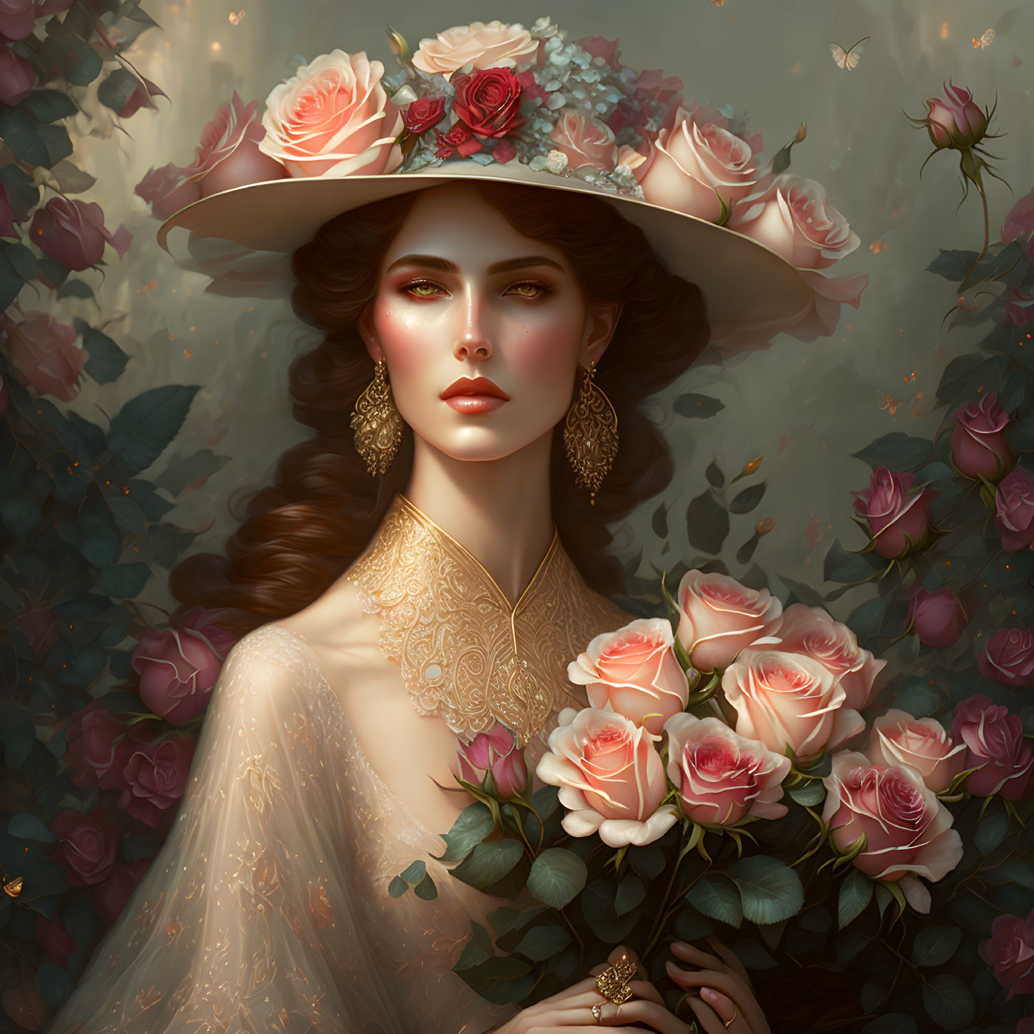 Illustrated woman with floral hat and intricate golden necklace among roses