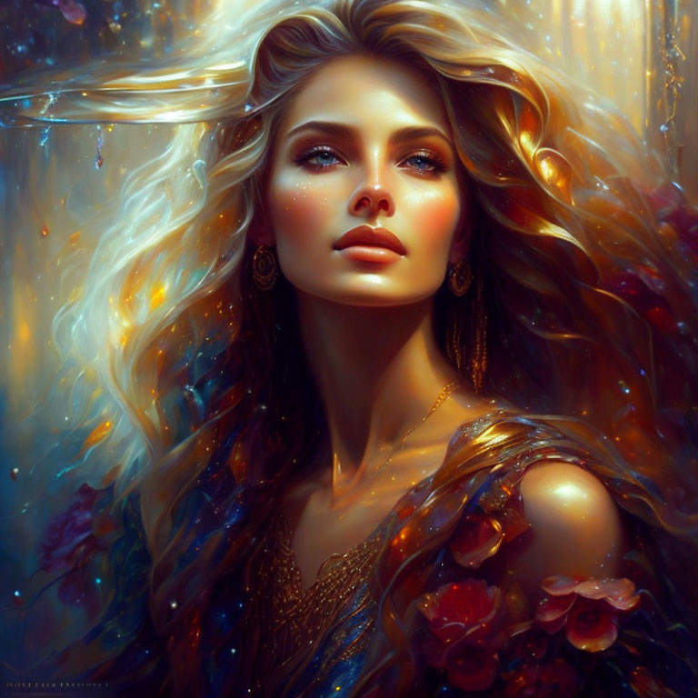 Digital portrait of woman with golden hair and radiant skin in mystical aura