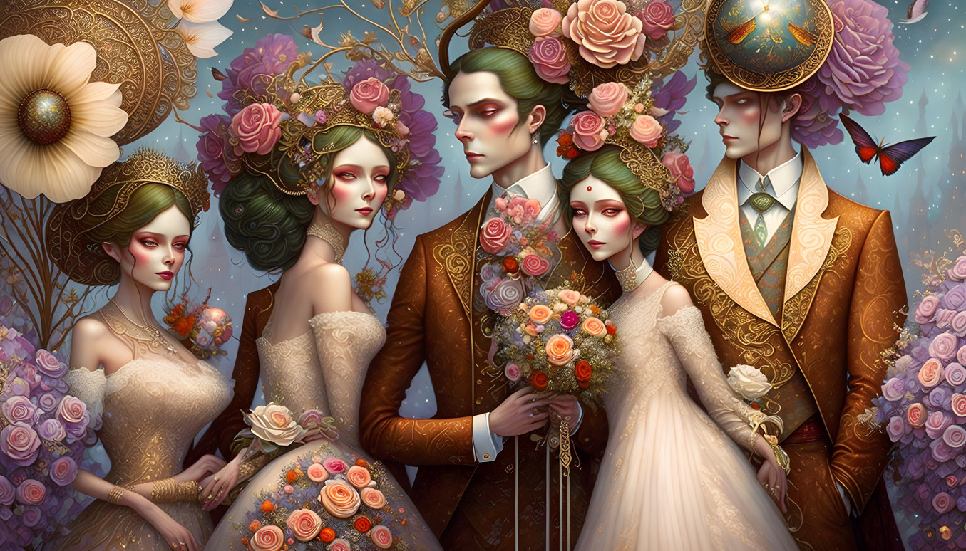 Stylized characters with floral motifs and intricate hairstyles against blooming backdrop