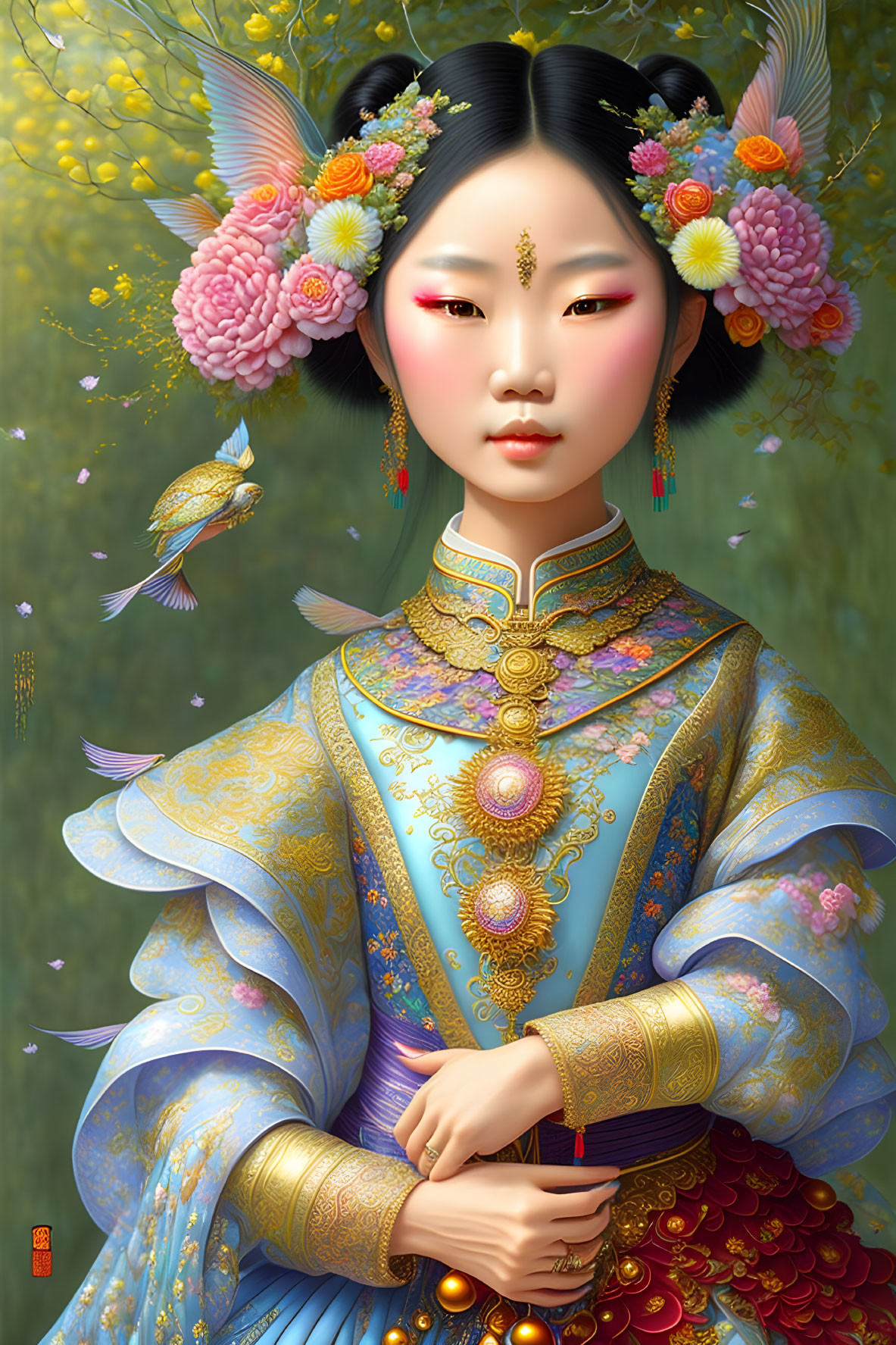 Traditional Asian Attire Illustration with Gold Embroidery and Flowers