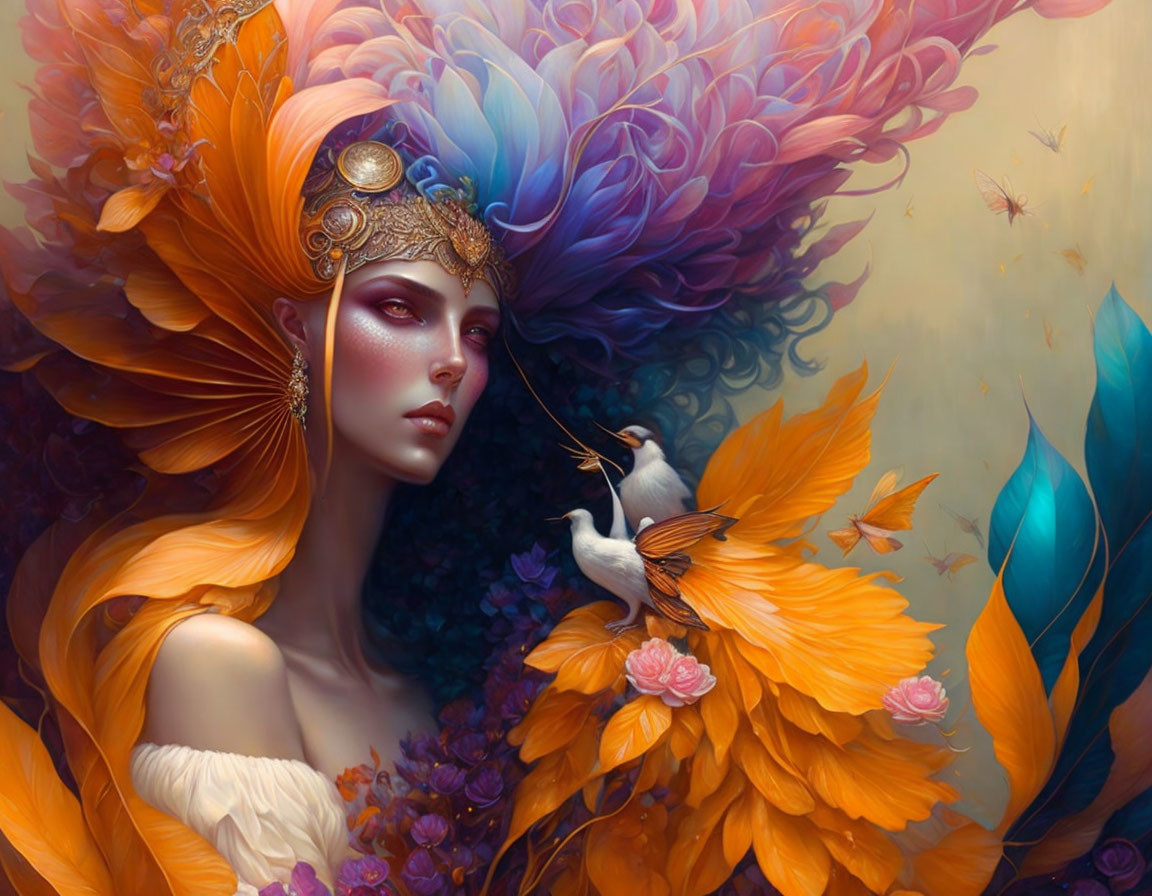 Woman with Orange Floral Headgear and Bird in Vibrant Fantasy Setting