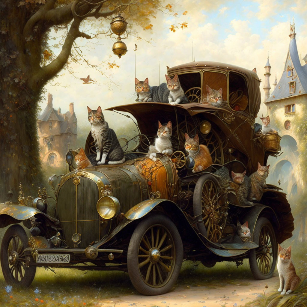 Whimsical autumnal scene with cats on vintage car and castle