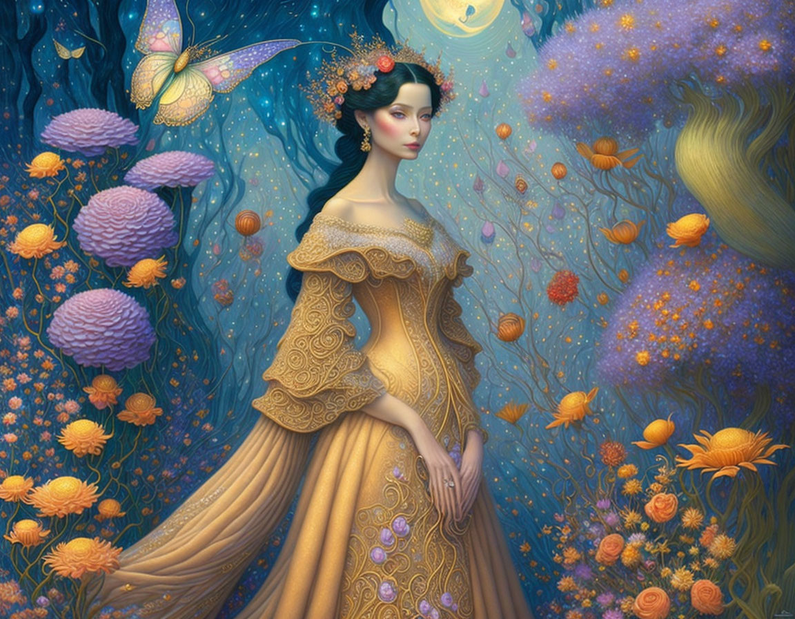 Illustrated woman in yellow gown with floral headpiece in magical forest.