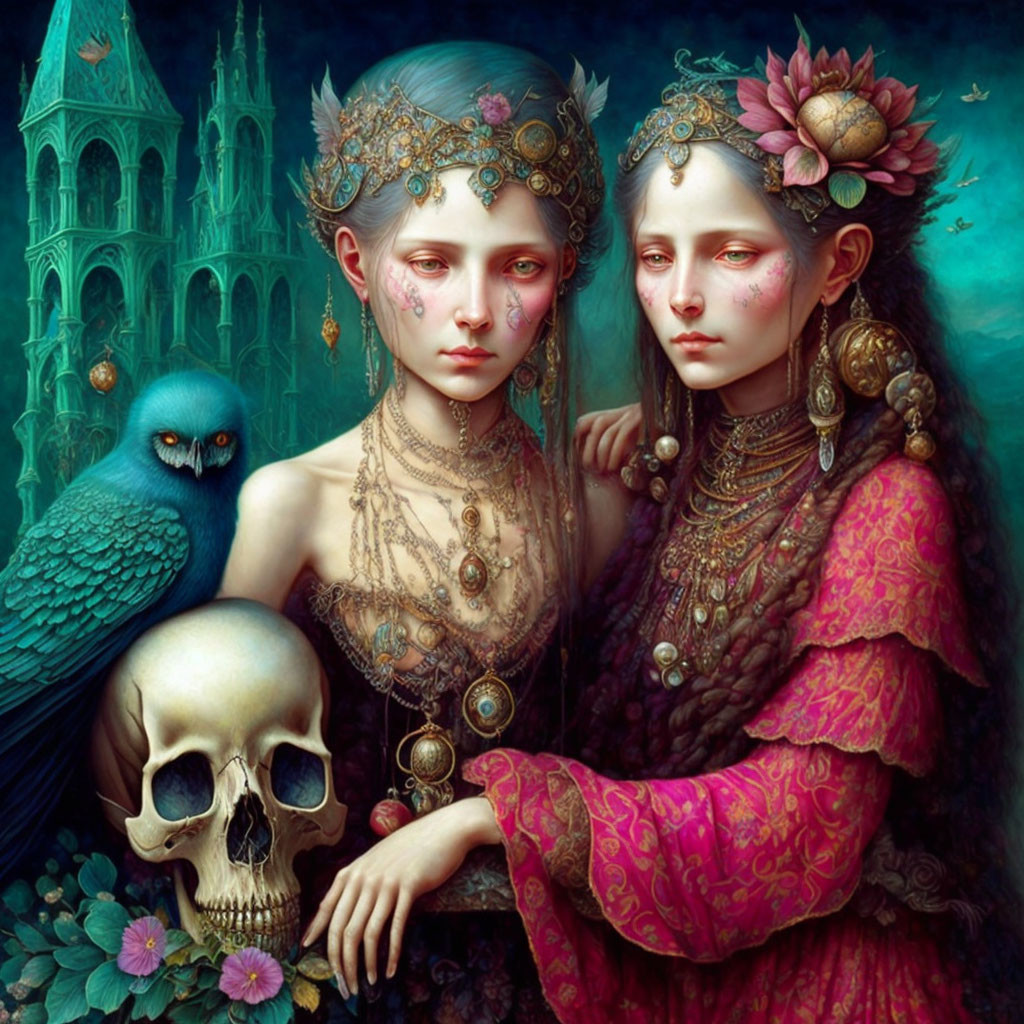 Fantasy women with jewelry, blue crow, skull with flowers, gothic cathedral.