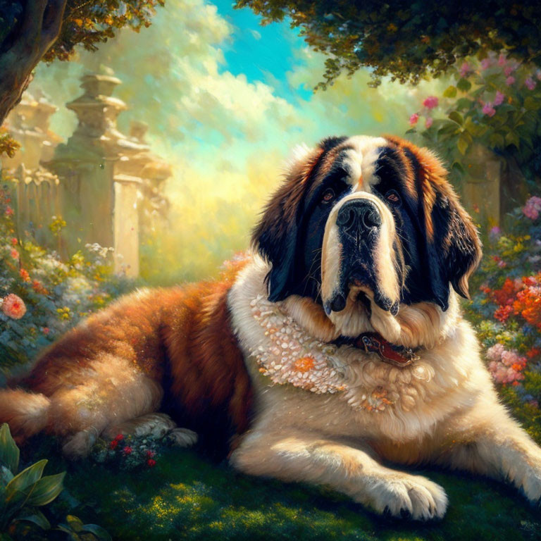 Saint Bernard Dog Relaxing in Lush Garden