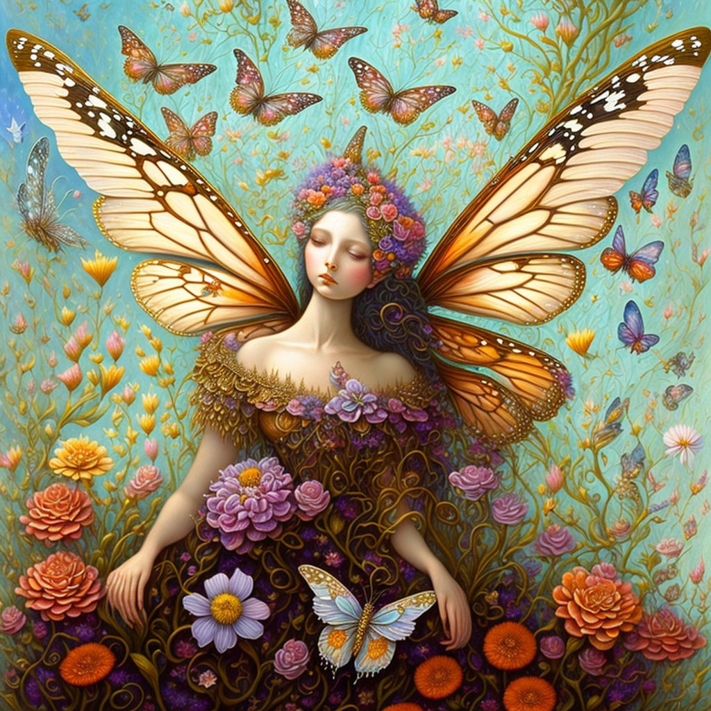 Colorful digital artwork: Woman with butterfly wings in floral setting