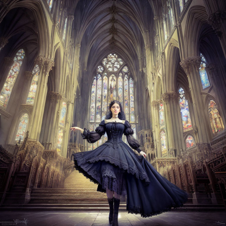 Victorian woman in grand gothic cathedral with ethereal light