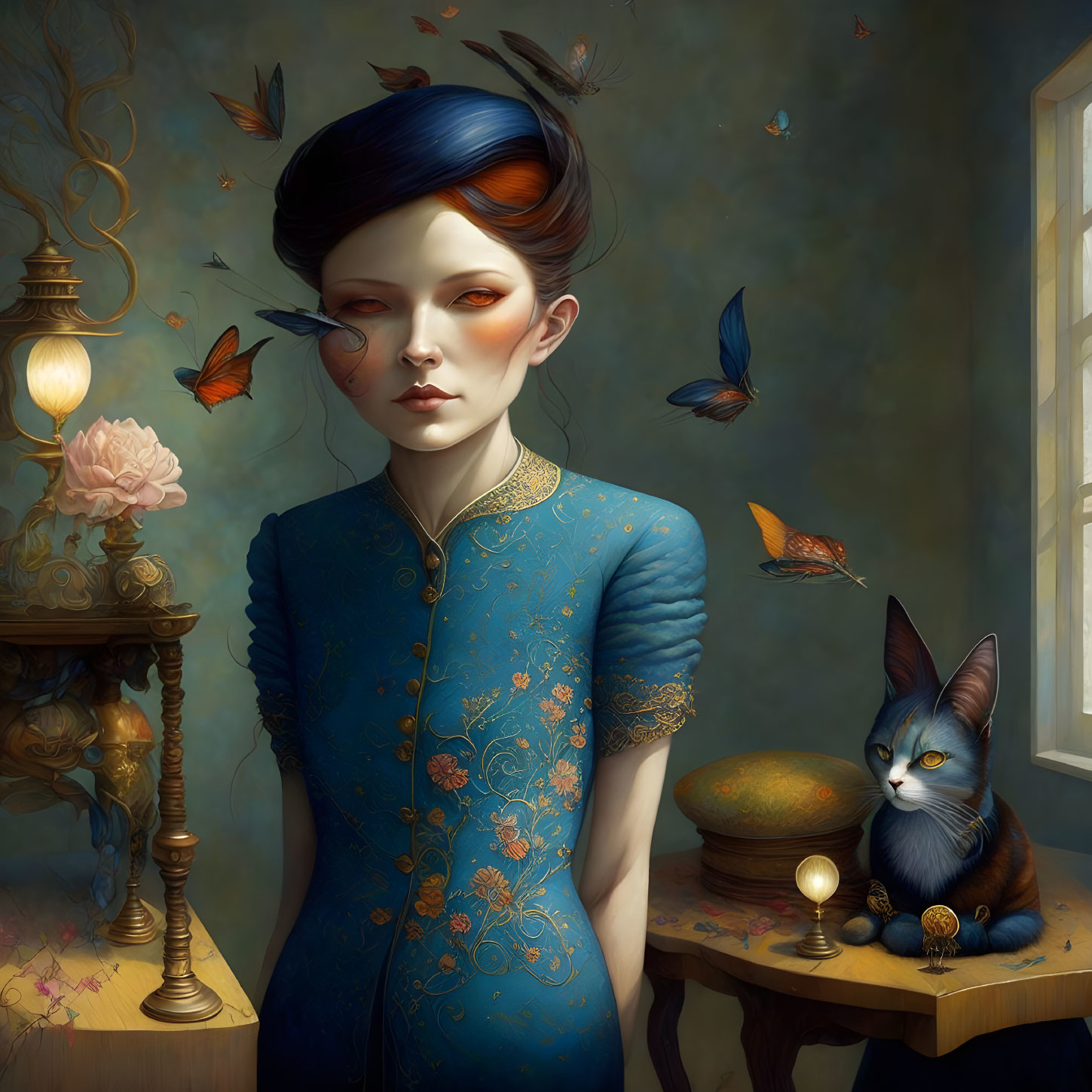 Surreal portrait of woman with blue hair, butterflies, and blue cat