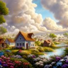 Colorful Flowerbeds and Quaint Cottages in Serene Dusk Landscape