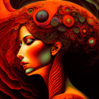 Vibrant red and orange surreal portrait of a woman with intricate hair patterns